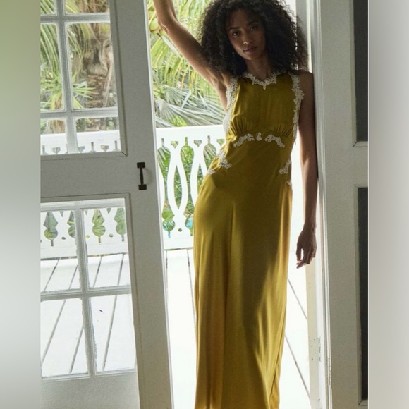 NWT DÔEN Odelina Dress Oakmoss Silk Satin Lace Trim Maxi Slip Dress XL - Picture 3 of 9